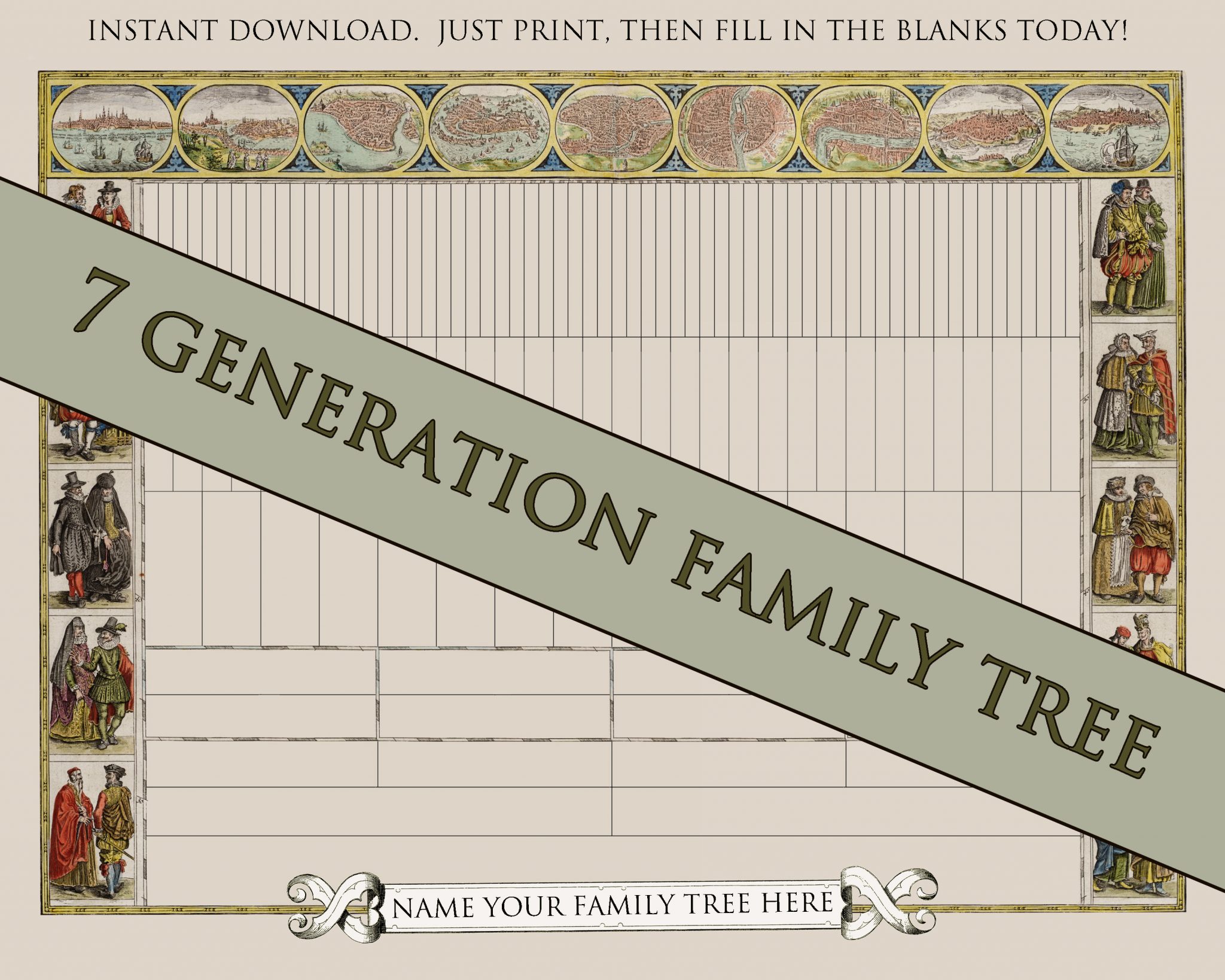 7 GENERATION Printable Genealogy Chart Family Tree Artwork Historic 